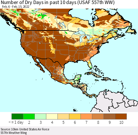 North America Number of Dry Days in past 10 days (USAF 557th WW) Thematic Map For 2/11/2022 - 2/15/2022