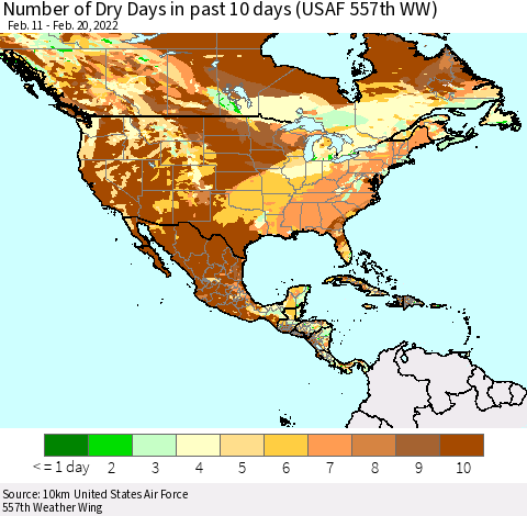 North America Number of Dry Days in past 10 days (USAF 557th WW) Thematic Map For 2/16/2022 - 2/20/2022