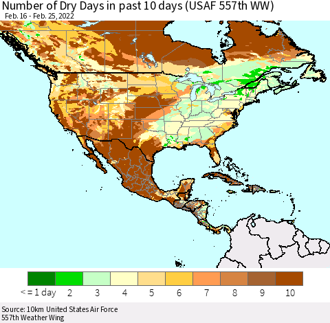 North America Number of Dry Days in past 10 days (USAF 557th WW) Thematic Map For 2/21/2022 - 2/25/2022