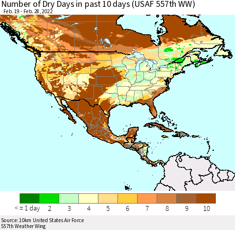 North America Number of Dry Days in past 10 days (USAF 557th WW) Thematic Map For 2/26/2022 - 2/28/2022