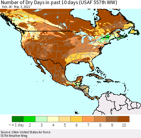 North America Number of Dry Days in past 10 days (USAF 557th WW) Thematic Map For 3/1/2022 - 3/5/2022