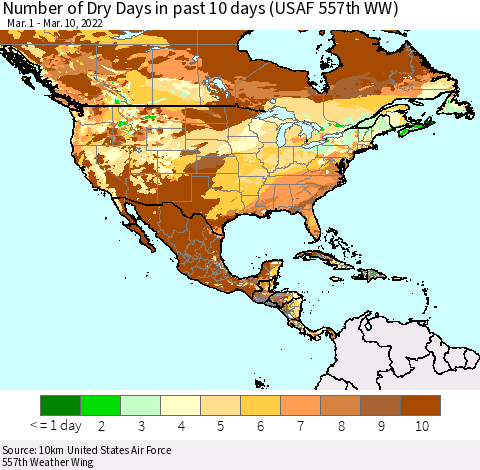 North America Number of Dry Days in past 10 days (USAF 557th WW) Thematic Map For 3/6/2022 - 3/10/2022