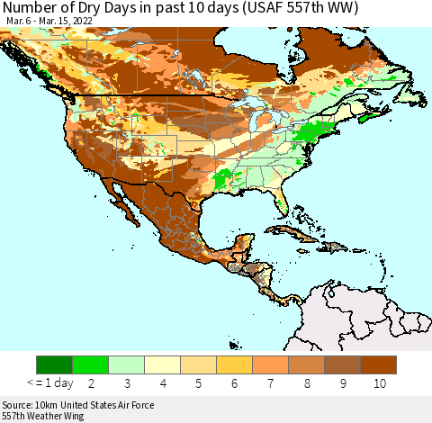 North America Number of Dry Days in past 10 days (USAF 557th WW) Thematic Map For 3/11/2022 - 3/15/2022