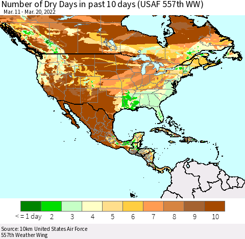 North America Number of Dry Days in past 10 days (USAF 557th WW) Thematic Map For 3/16/2022 - 3/20/2022