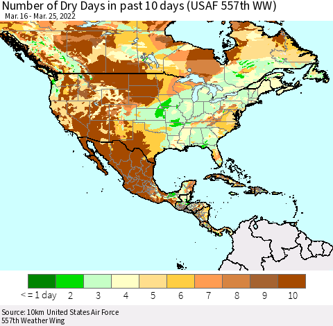 North America Number of Dry Days in past 10 days (USAF 557th WW) Thematic Map For 3/21/2022 - 3/25/2022