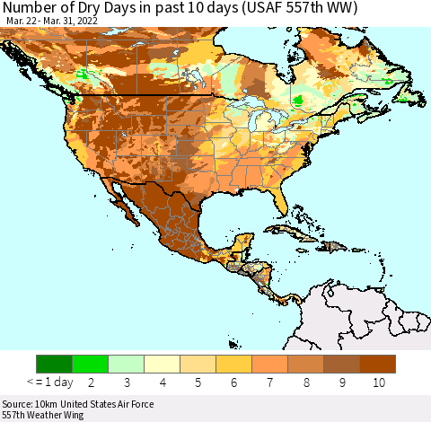 North America Number of Dry Days in past 10 days (USAF 557th WW) Thematic Map For 3/26/2022 - 3/31/2022