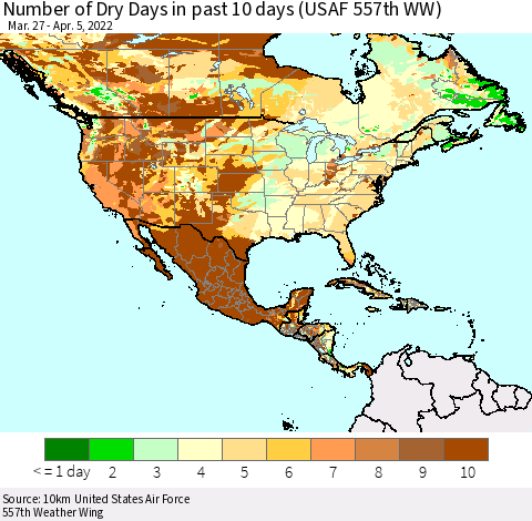 North America Number of Dry Days in past 10 days (USAF 557th WW) Thematic Map For 4/1/2022 - 4/5/2022