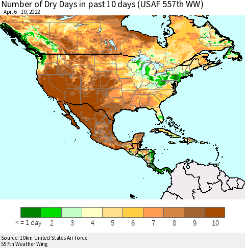 North America Number of Dry Days in past 10 days (USAF 557th WW) Thematic Map For 4/6/2022 - 4/10/2022