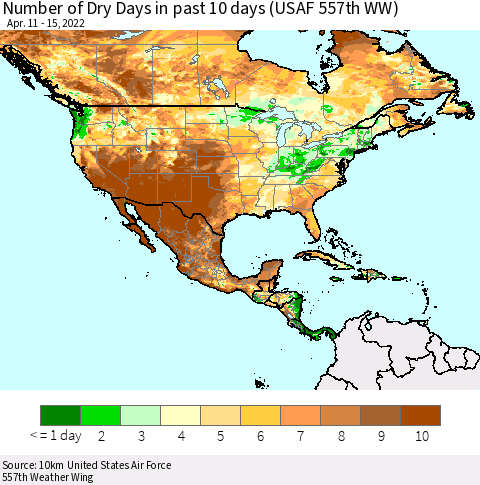 North America Number of Dry Days in past 10 days (USAF 557th WW) Thematic Map For 4/11/2022 - 4/15/2022
