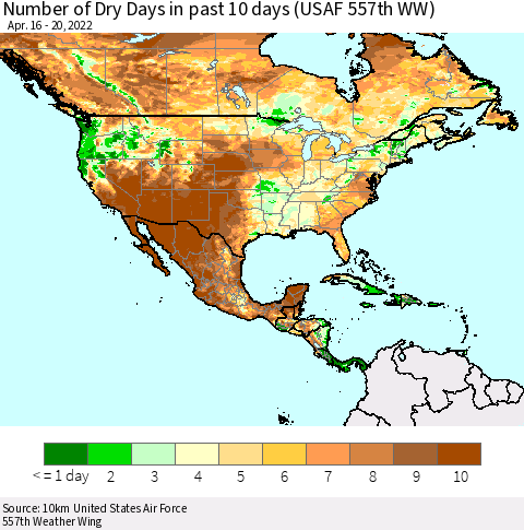 North America Number of Dry Days in past 10 days (USAF 557th WW) Thematic Map For 4/16/2022 - 4/20/2022