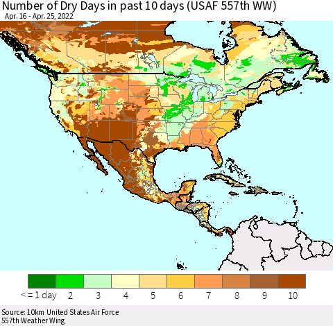 North America Number of Dry Days in past 10 days (USAF 557th WW) Thematic Map For 4/21/2022 - 4/25/2022