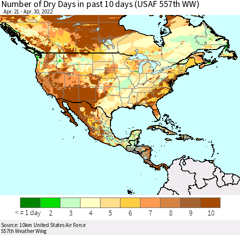 North America Number of Dry Days in past 10 days (USAF 557th WW) Thematic Map For 4/26/2022 - 4/30/2022