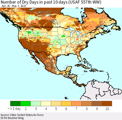 North America Number of Dry Days in past 10 days (USAF 557th WW) Thematic Map For 5/1/2022 - 5/5/2022
