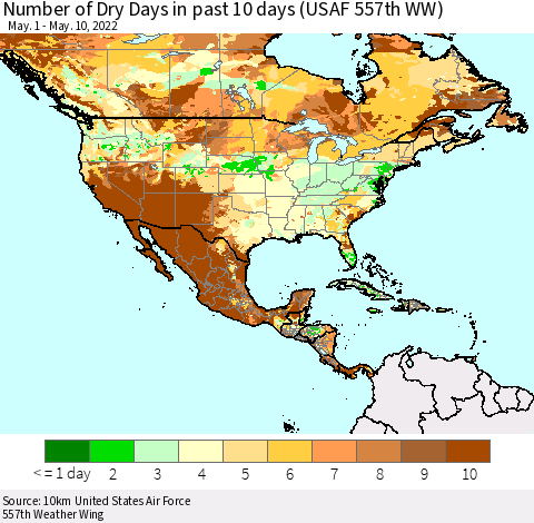 North America Number of Dry Days in past 10 days (USAF 557th WW) Thematic Map For 5/6/2022 - 5/10/2022