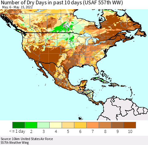 North America Number of Dry Days in past 10 days (USAF 557th WW) Thematic Map For 5/11/2022 - 5/15/2022