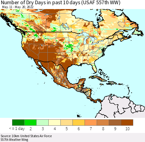 North America Number of Dry Days in past 10 days (USAF 557th WW) Thematic Map For 5/16/2022 - 5/20/2022