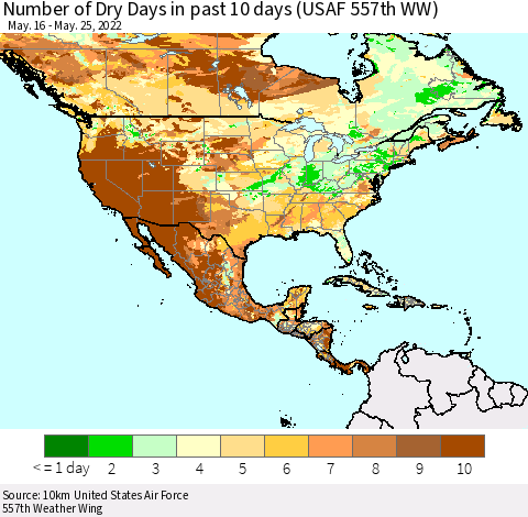 North America Number of Dry Days in past 10 days (USAF 557th WW) Thematic Map For 5/21/2022 - 5/25/2022