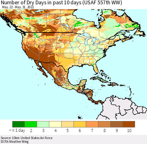 North America Number of Dry Days in past 10 days (USAF 557th WW) Thematic Map For 5/26/2022 - 5/31/2022