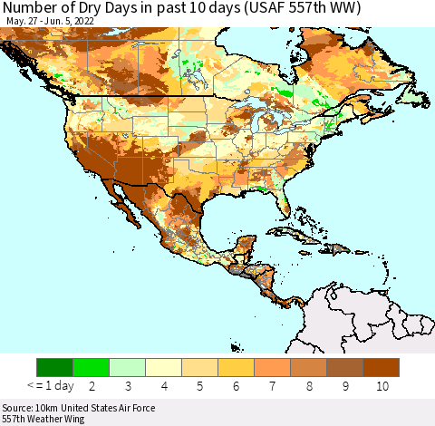 North America Number of Dry Days in past 10 days (USAF 557th WW) Thematic Map For 6/1/2022 - 6/5/2022