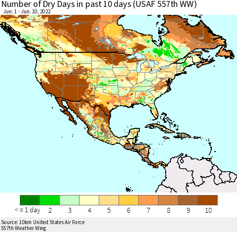 North America Number of Dry Days in past 10 days (USAF 557th WW) Thematic Map For 6/6/2022 - 6/10/2022