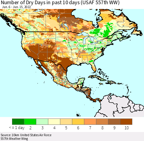 North America Number of Dry Days in past 10 days (USAF 557th WW) Thematic Map For 6/11/2022 - 6/15/2022