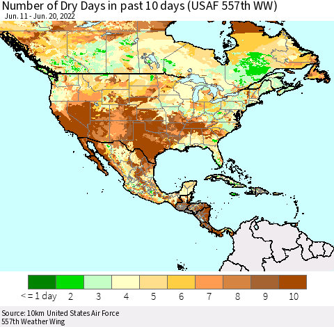 North America Number of Dry Days in past 10 days (USAF 557th WW) Thematic Map For 6/16/2022 - 6/20/2022
