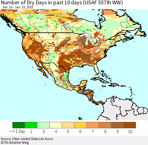 North America Number of Dry Days in past 10 days (USAF 557th WW) Thematic Map For 6/21/2022 - 6/25/2022