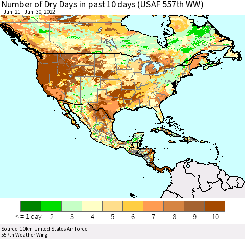 North America Number of Dry Days in past 10 days (USAF 557th WW) Thematic Map For 6/26/2022 - 6/30/2022