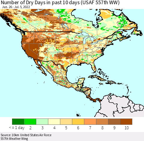 North America Number of Dry Days in past 10 days (USAF 557th WW) Thematic Map For 7/1/2022 - 7/5/2022