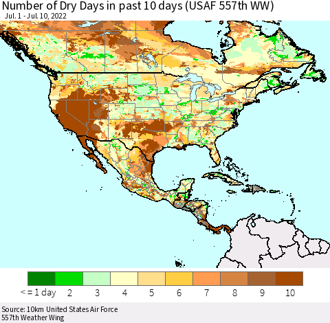 North America Number of Dry Days in past 10 days (USAF 557th WW) Thematic Map For 7/6/2022 - 7/10/2022