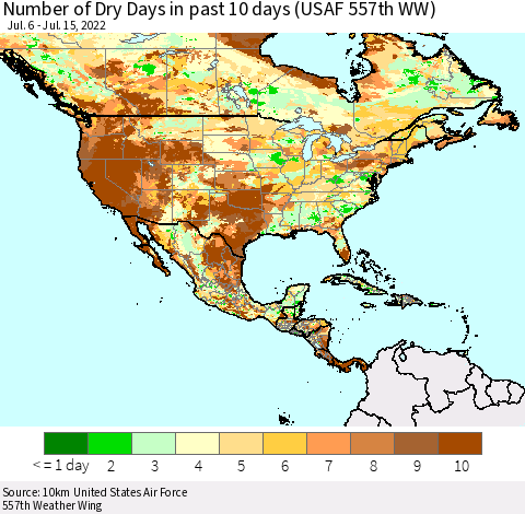 North America Number of Dry Days in past 10 days (USAF 557th WW) Thematic Map For 7/11/2022 - 7/15/2022