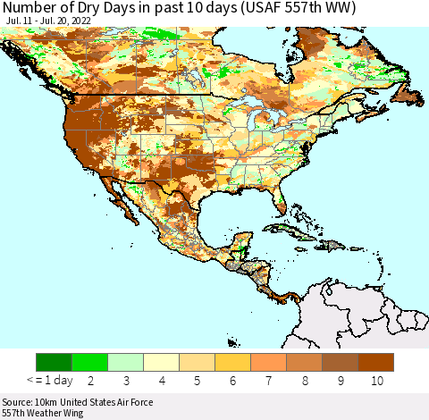 North America Number of Dry Days in past 10 days (USAF 557th WW) Thematic Map For 7/16/2022 - 7/20/2022