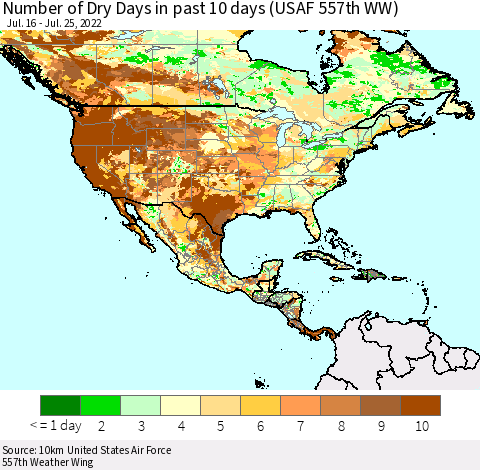North America Number of Dry Days in past 10 days (USAF 557th WW) Thematic Map For 7/21/2022 - 7/25/2022