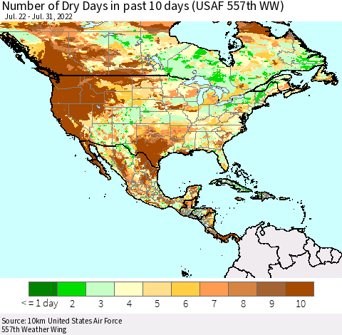 North America Number of Dry Days in past 10 days (USAF 557th WW) Thematic Map For 7/26/2022 - 7/31/2022