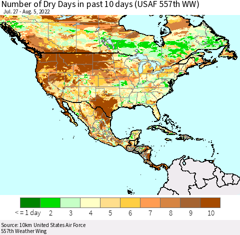 North America Number of Dry Days in past 10 days (USAF 557th WW) Thematic Map For 8/1/2022 - 8/5/2022