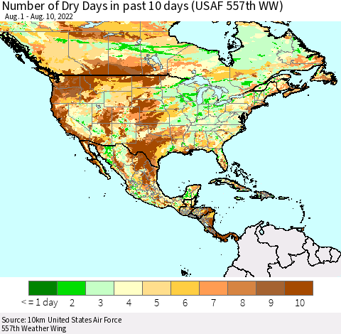North America Number of Dry Days in past 10 days (USAF 557th WW) Thematic Map For 8/6/2022 - 8/10/2022