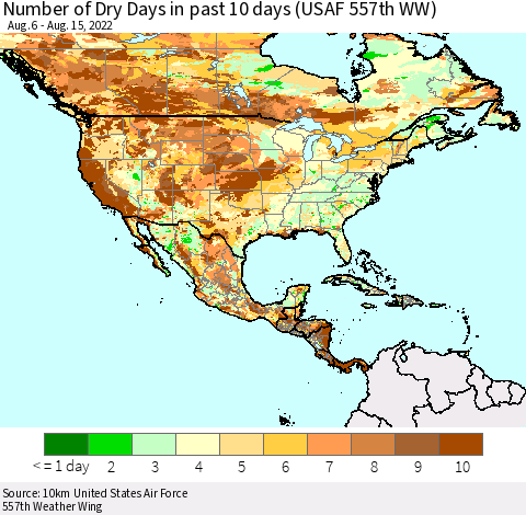 North America Number of Dry Days in past 10 days (USAF 557th WW) Thematic Map For 8/11/2022 - 8/15/2022