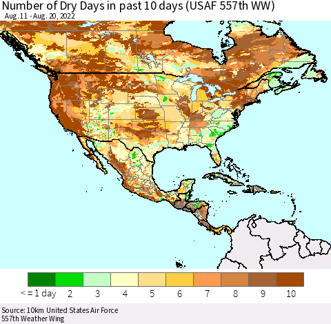 North America Number of Dry Days in past 10 days (USAF 557th WW) Thematic Map For 8/16/2022 - 8/20/2022