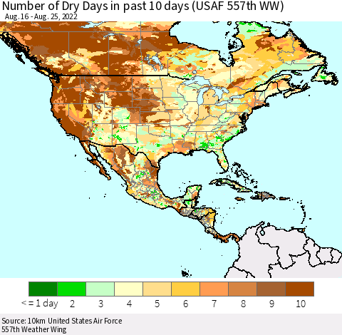 North America Number of Dry Days in past 10 days (USAF 557th WW) Thematic Map For 8/21/2022 - 8/25/2022