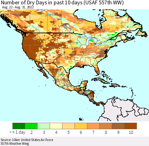 North America Number of Dry Days in past 10 days (USAF 557th WW) Thematic Map For 8/26/2022 - 8/31/2022