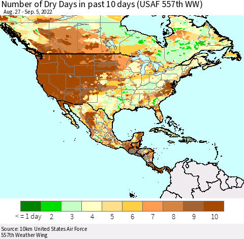 North America Number of Dry Days in past 10 days (USAF 557th WW) Thematic Map For 9/1/2022 - 9/5/2022