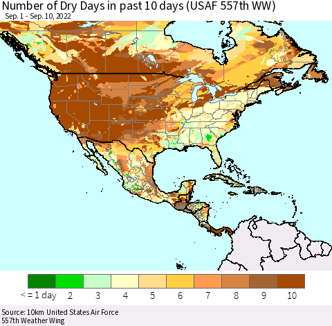 North America Number of Dry Days in past 10 days (USAF 557th WW) Thematic Map For 9/6/2022 - 9/10/2022