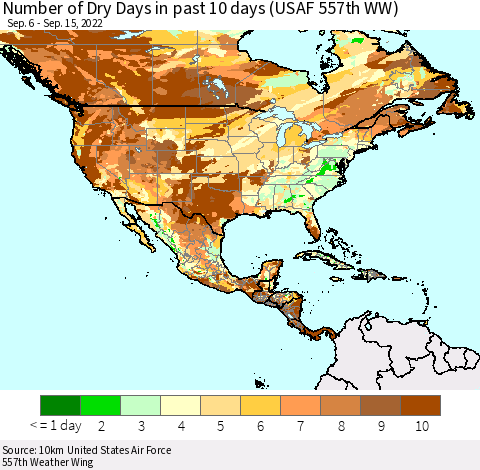 North America Number of Dry Days in past 10 days (USAF 557th WW) Thematic Map For 9/11/2022 - 9/15/2022