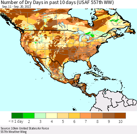 North America Number of Dry Days in past 10 days (USAF 557th WW) Thematic Map For 9/16/2022 - 9/20/2022
