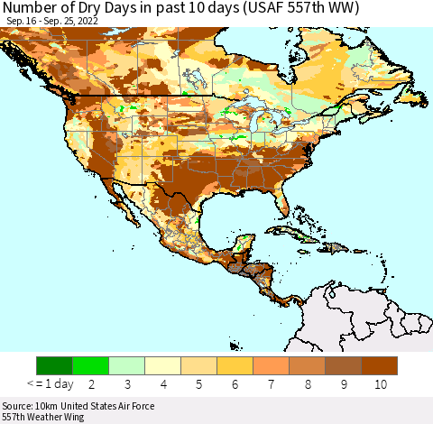 North America Number of Dry Days in past 10 days (USAF 557th WW) Thematic Map For 9/21/2022 - 9/25/2022