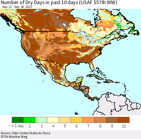 North America Number of Dry Days in past 10 days (USAF 557th WW) Thematic Map For 9/26/2022 - 9/30/2022