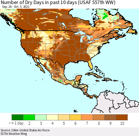 North America Number of Dry Days in past 10 days (USAF 557th WW) Thematic Map For 10/1/2022 - 10/5/2022