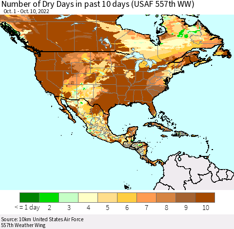 North America Number of Dry Days in past 10 days (USAF 557th WW) Thematic Map For 10/6/2022 - 10/10/2022