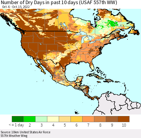 North America Number of Dry Days in past 10 days (USAF 557th WW) Thematic Map For 10/11/2022 - 10/15/2022