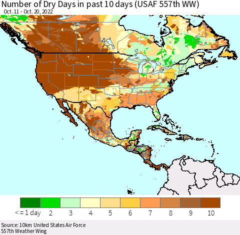 North America Number of Dry Days in past 10 days (USAF 557th WW) Thematic Map For 10/16/2022 - 10/20/2022